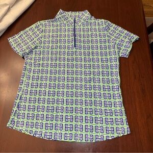 IBKUL 1/4 Zip Short Sleeve L Green Blue White Sun Shirt Tennis Golf Pickleball